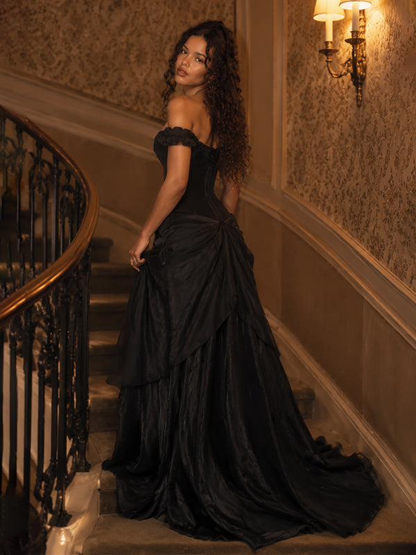 Victorian Black Off Shoulder A-line Evening Gown, Prom Dress, PD28231267