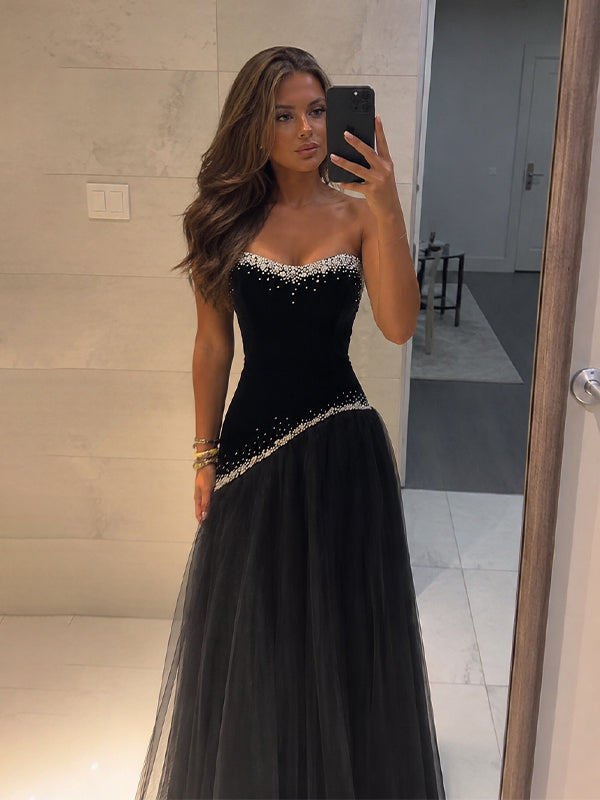 Elegant Black Beaded Strapless A-line Prom Dress, Evening Dress, PD28231240