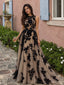 Elegant Black Floral Appliqué Tulle A-Line Evening Party Dress, Prom Dress, BD1221