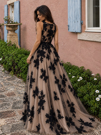 Elegant Black Floral Appliqué Tulle A-Line Evening Party Dress, Prom Dress, BD1221