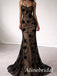 Sexy Black Floral Lace Illusion V-Back Mermaid Prom Dress, Evening Dress, PD3823033