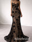 Sexy Black Floral Lace Illusion V-Back Mermaid Prom Dress, Evening Dress, PD3823033