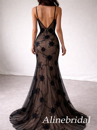 Sexy Black Floral Lace Illusion V-Back Mermaid Prom Dress, Evening Dress, PD3823033