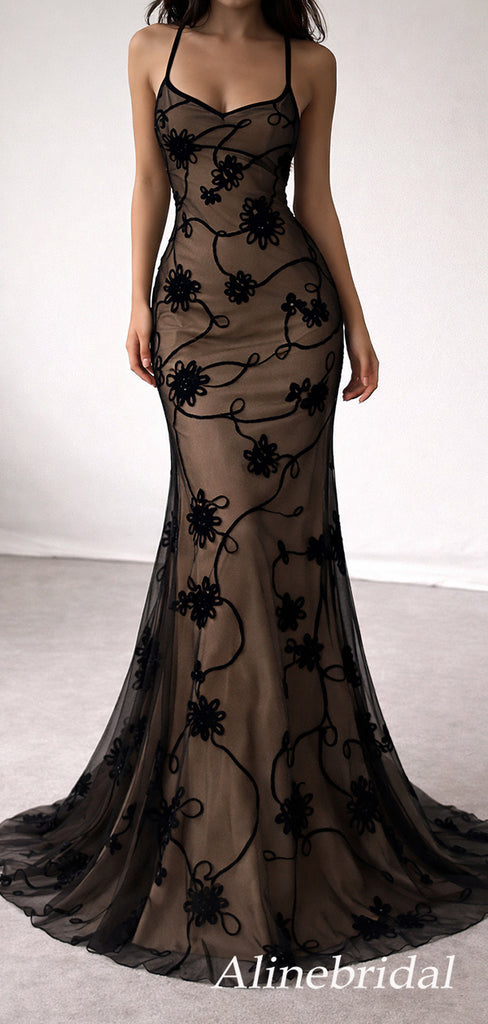 Sexy Black Floral Lace Illusion V-Back Mermaid Prom Dress, Evening Dress, PD3823033