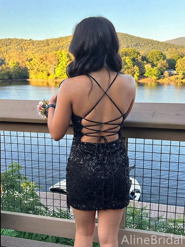 Sparkly Black Sequins Spaghetti Strap Bodycon Short Mini Homecoming Dress, HD32658
