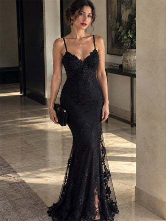 Elegant Black Lace Beaded V-Back Mermaid Evening Dress, Prom Dress, AB060