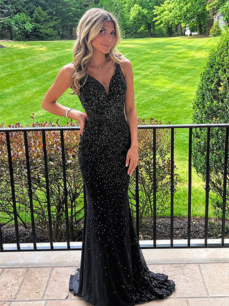 Sparkly Black Sequins V-neck Mermaid Long Prom Dress, Evening Dress, PD381931