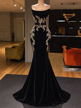 Black and Gold Embroidered Mermaid Evening Dress with Detachable Overskirt, PD1962PD1962