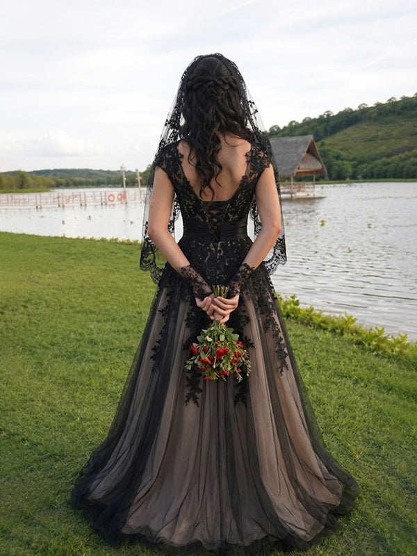 Gothic Black V-neck A-line Tulle Wedding Dress with Lace Appliques, WD3230