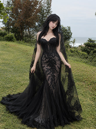 Elegant Black Lace Strapless Mermaid Wedding Dress, WD32249