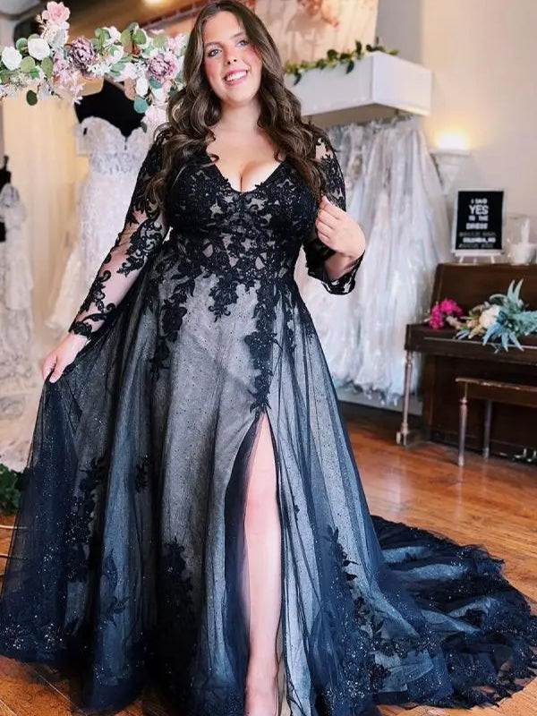 Gorgeous Black Long Sleeves A-line Lace Wedding Dress with Slit, WD3230
