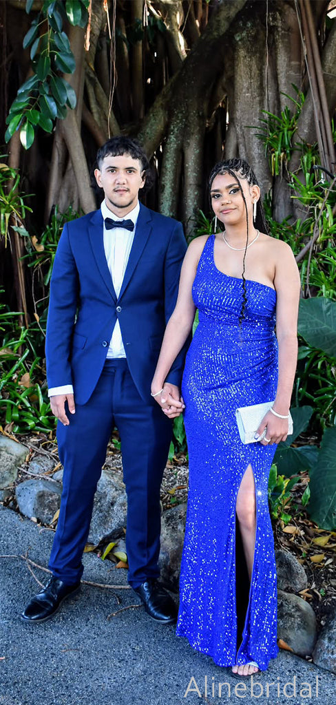 Sparkly Blue Sequins One Shoulder Prom Dress with Slit, Evening Dress, PD3822967