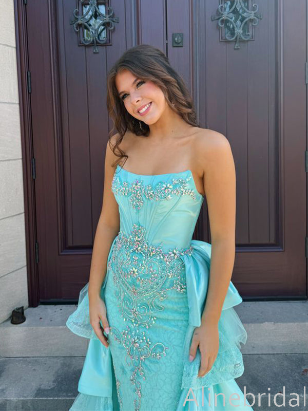 Gorgeous Blue Strapless Beaded Ruffled Tiered Prom Ball Gown, Evening Dress, PD3823009