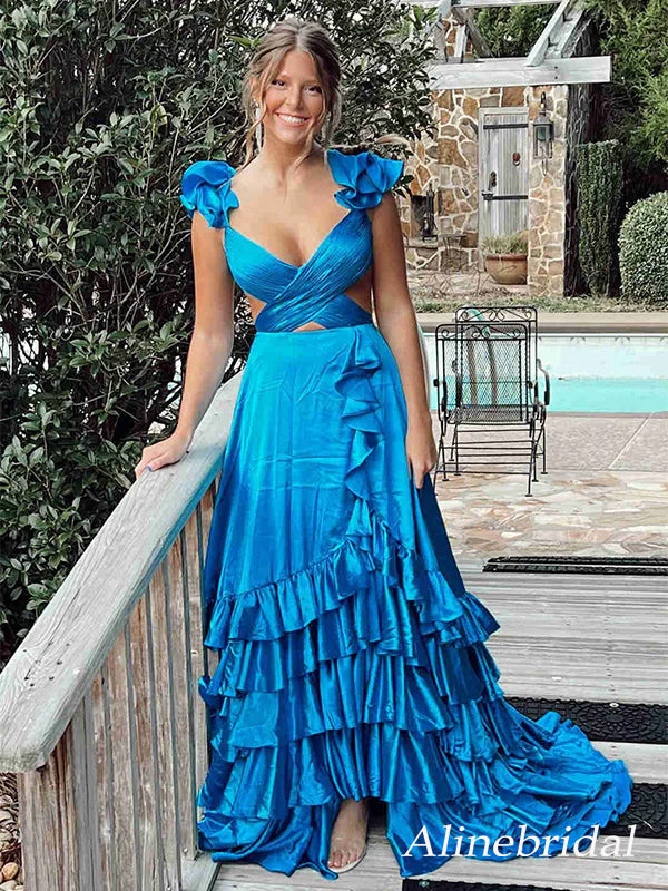 Sexy Blue V-neck Ruffles A-line Long Prom Dress, Evening Dress, PD3649