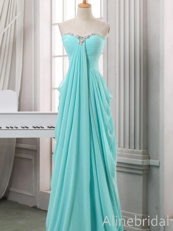 Elegant Aqua Blue Chifffon Strapless Empire Waist Prom Dress, Flowing Beaded Ruched Evening Dress, PD3823000