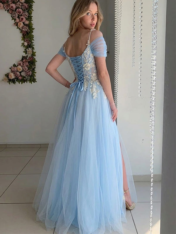 Elegant Blue Tulle Off the Shoulder  A-line Long Prom Dress with Slit, PD37904