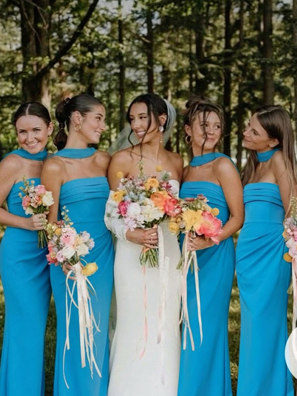 Elegant Blue Strapless Pleated Long Bridesmaid Dress, Maids of Honor Dress, PD2823081