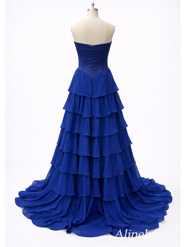 Gorgeous Navy Blue V-neck Strapless Corset A-line Ruffled Tiered Prom Dress with Slit, PD382010