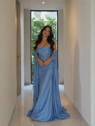 Elegant Blue Strapless Floral Lace Mermaid Evening Dress, PD28231273