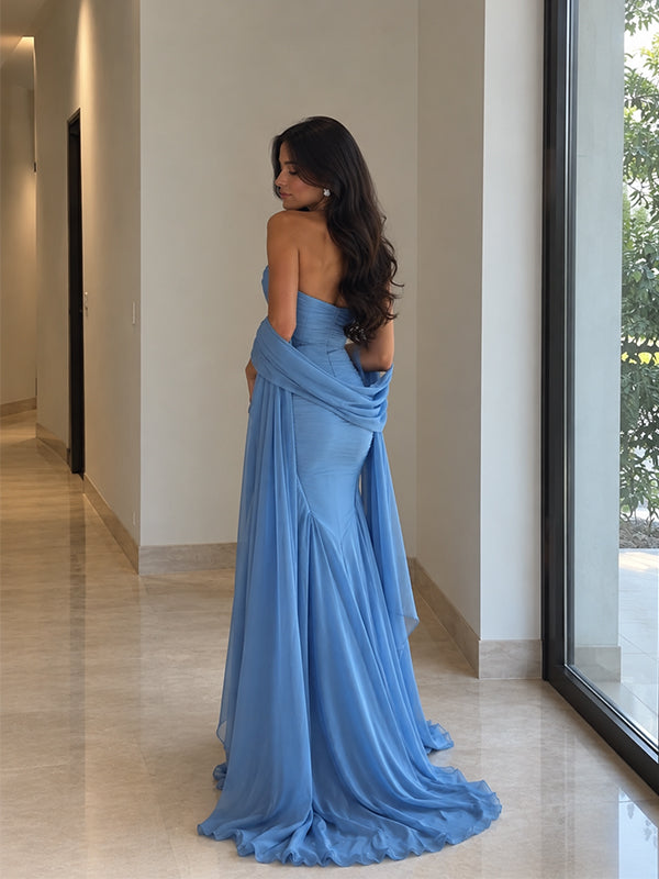 Elegant Blue Strapless Floral Lace Mermaid Evening Dress, PD28231273