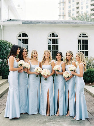 Elegant Blue Square Neck Long Bridesmaid Dress with Slit, PD2823079