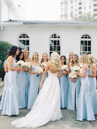 Elegant Blue Square Neck Long Bridesmaid Dress with Slit, PD2823079
