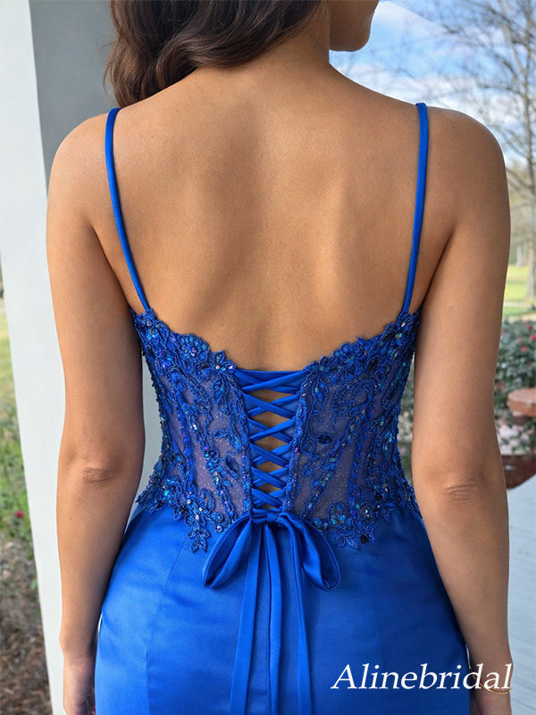Elegant Blue Sweetheart Lace Beaded Prom Dress with Slit, Evening Dress, PD3823010
