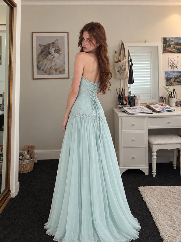 Elegant Blue Chiffon Off the Shoulder A-line Long Prom Dress, Evening Dress, PD3823009