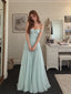 Elegant Blue Chiffon Off the Shoulder A-line Long Prom Dress, Evening Dress, PD3823009