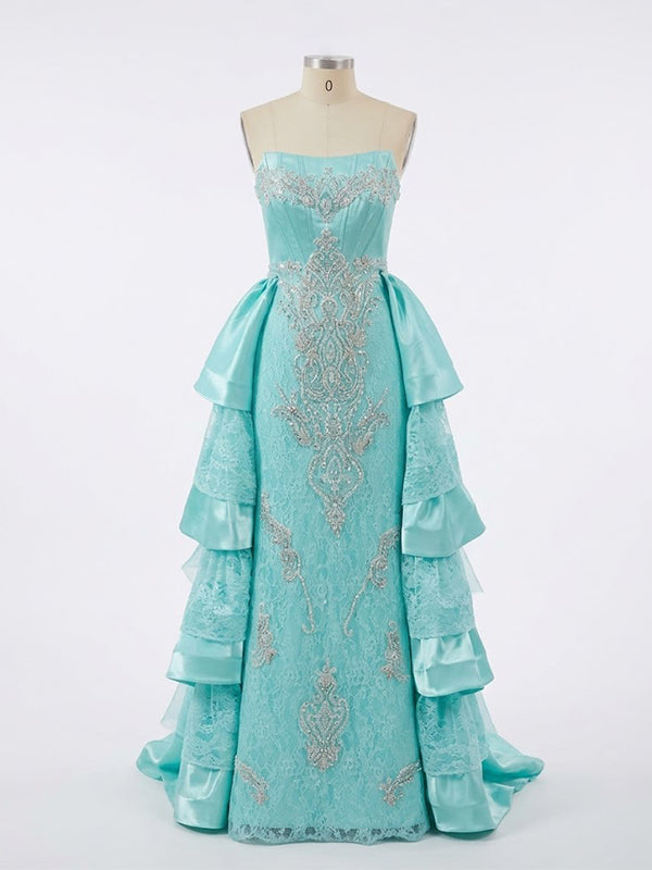 Gorgeous Blue Strapless Beaded Ruffled Tiered Prom Ball Gown, Evening Dress, PD3823009