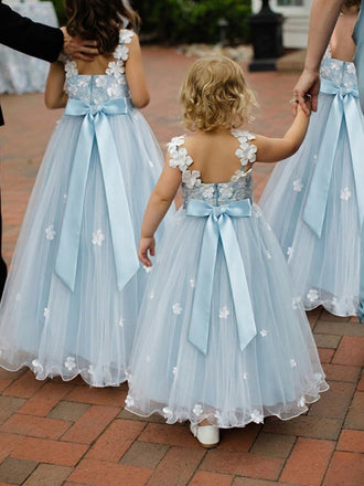 Whimsical Blue Floral A-line Tulle Flower Girl Dress, FGS195