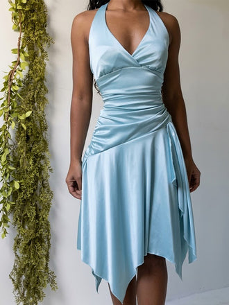 Elegant Blue Halter V-neck Satin A-line Short Homecoming Dress, HC382292