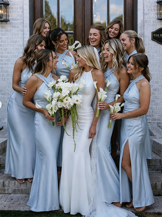 Elegant Light Blue Halter Long Bridesmaid Dress, Maids of Honor Dress, PD2823082