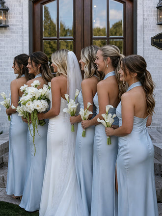 Elegant Light Blue Halter Long Bridesmaid Dress, Maids of Honor Dress, PD2823082