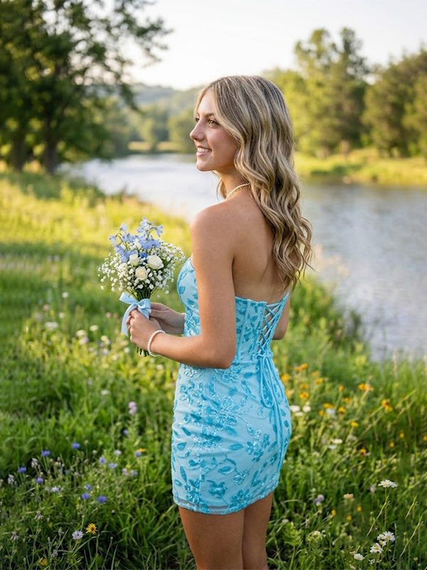 Sparkly Blue Floral Beaded Short Homecoming Dress, HC382311