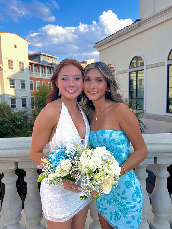 Sparkly Blue Floral Beaded Short Homecoming Dress, HC382311