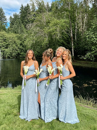 Elegant Blue Jacquard A-line Long Bridesmaid Dress, PD2823069