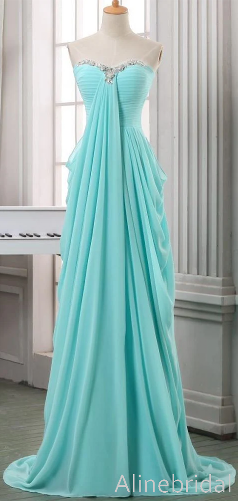 Elegant Aqua Blue Chifffon Strapless Empire Waist Prom Dress, Flowing Beaded Ruched Evening Dress, PD3823000