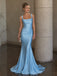 Elegant Blue Satin Square Backless Ruffled Mermaid Evening Dress, Prom Dress, PD28231289