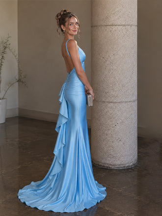 Elegant Blue Satin Square Backless Ruffled Mermaid Evening Dress, Prom Dress, PD28231289