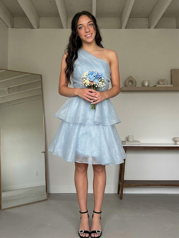 Elegant One Shoulder Blue A-line Short Homecoming Dress, HD32726