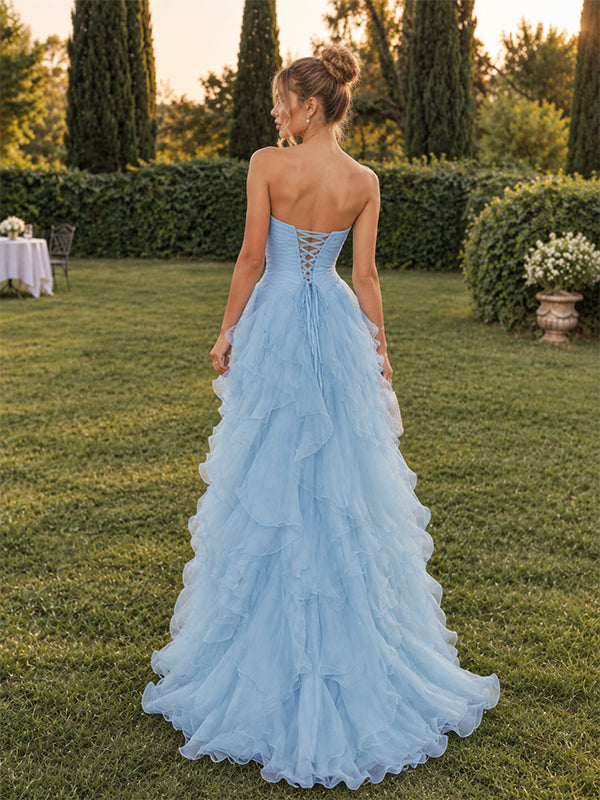 Elegant Blue Strapless Tiered Ruffled A-line Prom Dress, Evening Dress, PD28231290