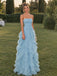 Elegant Blue Strapless Tiered Ruffled A-line Prom Dress, Evening Dress, PD28231290
