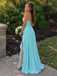 Elegant Blue Satin Side Slit A-line Prom Dress, Evening Dress, PD28231265