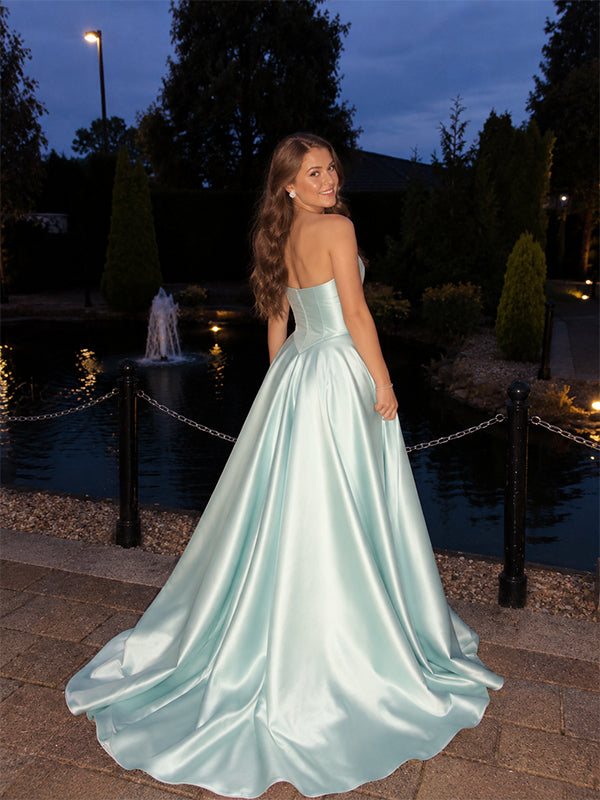 Elegant Blue Satin Strapless A-Line Evening Dress, Prom Dress, PD28231272