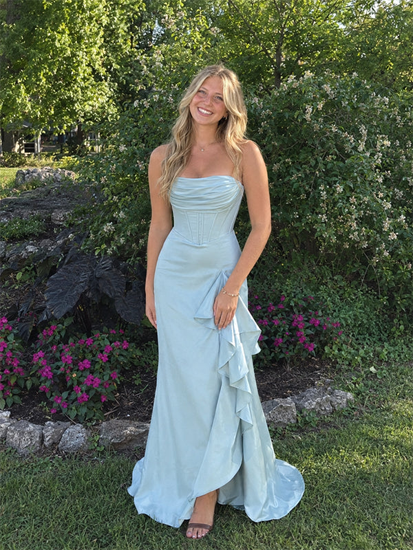 Elegant Yellow Strapless Ruffles Corset Prom Dress with Slit, PD382266