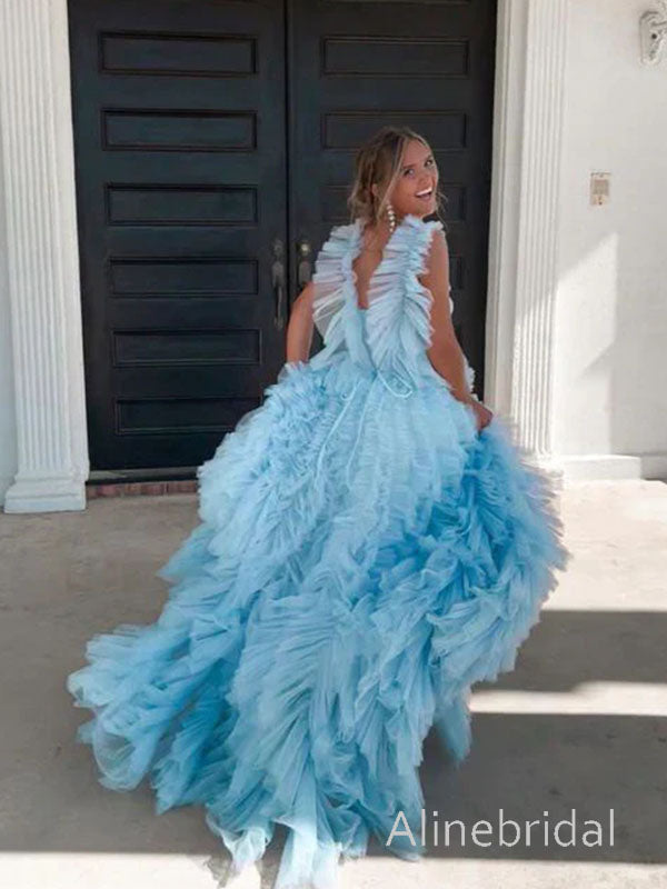 Elegant Blue Sweetheart Ruffled Tiered Tulle Prom Ball Gown, Evening Dress, PD3822992