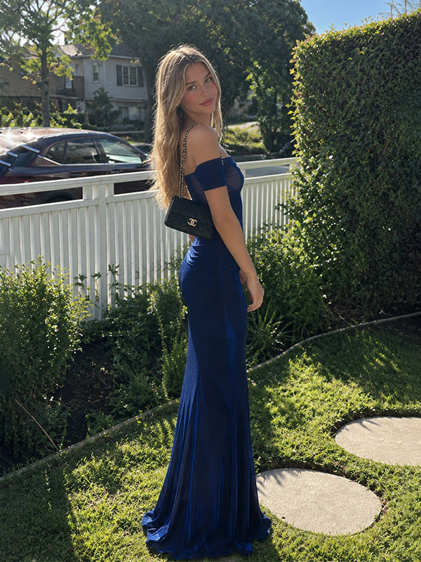 Elegant Navy Blue Velvet Tulle Off Shoulder Mermaid Prom Dress, Evening Dress, PD28231246