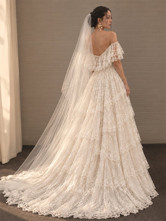 Elegant Off Shoulder A-line Lace Tiered  Boho Wedding Dress, WD32240