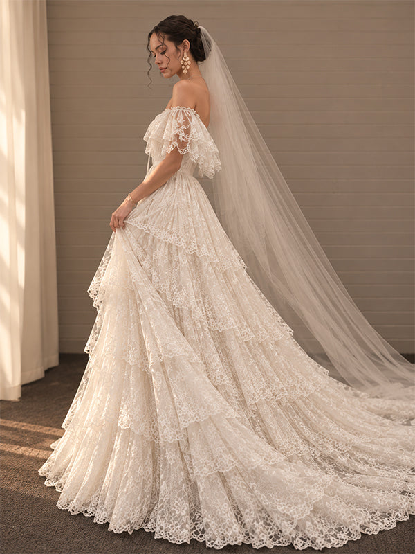 Elegant Off Shoulder A-line Lace Tiered  Boho Wedding Dress, WD32240